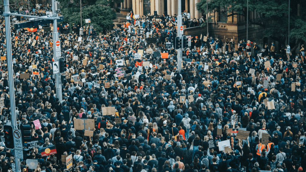 a massive crowd protesting