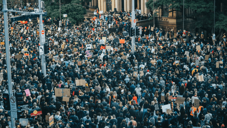a massive crowd protesting