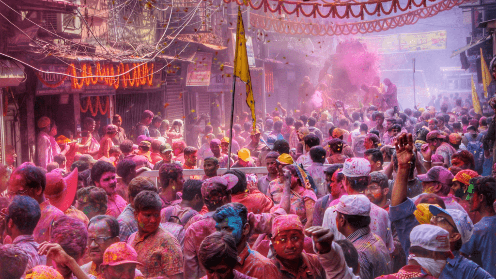 sea of people celebrating holi festival